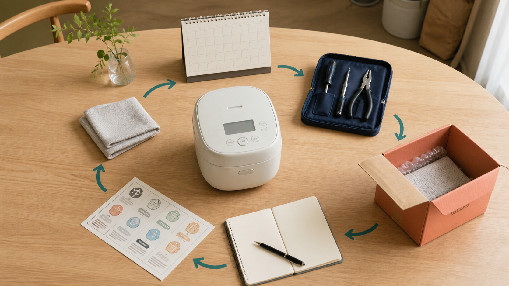 一つの家電を手入れ、修理、予定、手放しへつなぐ生活場面のイメージ